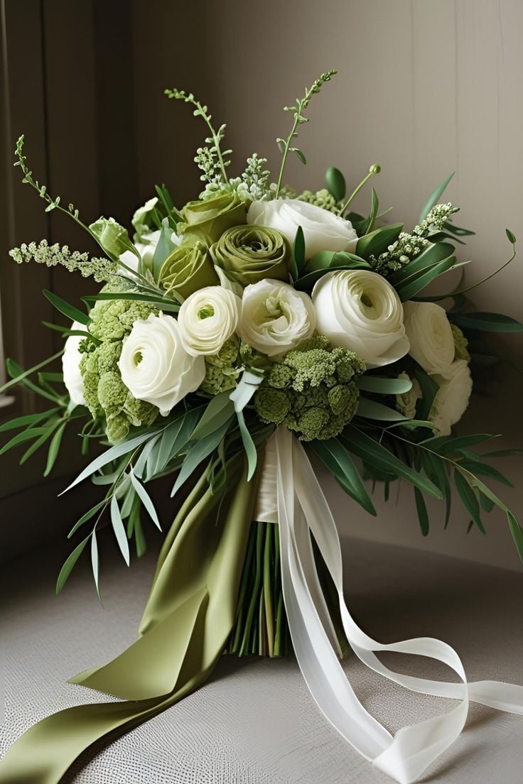Beyaz ve Yeşil Gelin Buketi